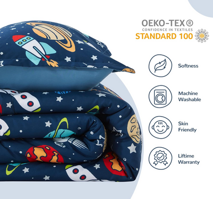 SLEEP ZONE Kids Bedding Comforter Set Full/Queen Size - Super Soft & Cute Printed 3-Piece Comforter Set All Seasons for Boys, Girls, Fade Resistant, Machine Washable, Rocket Galaxy