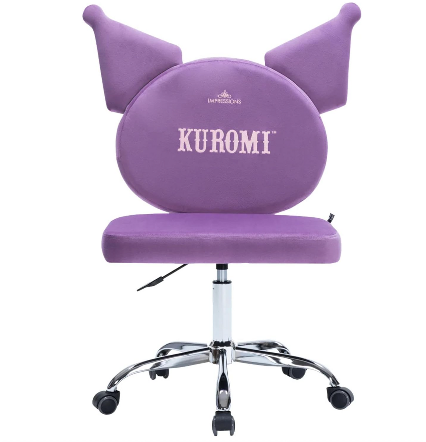 Impressions Vanity Kuromi Armless Swivel Cute Desk Chair for Bedroom, Velvet Makeup Vanity Chair with Back, Rolling Wheels Silver Metallic Base and Adjustable Height (Lilac)
