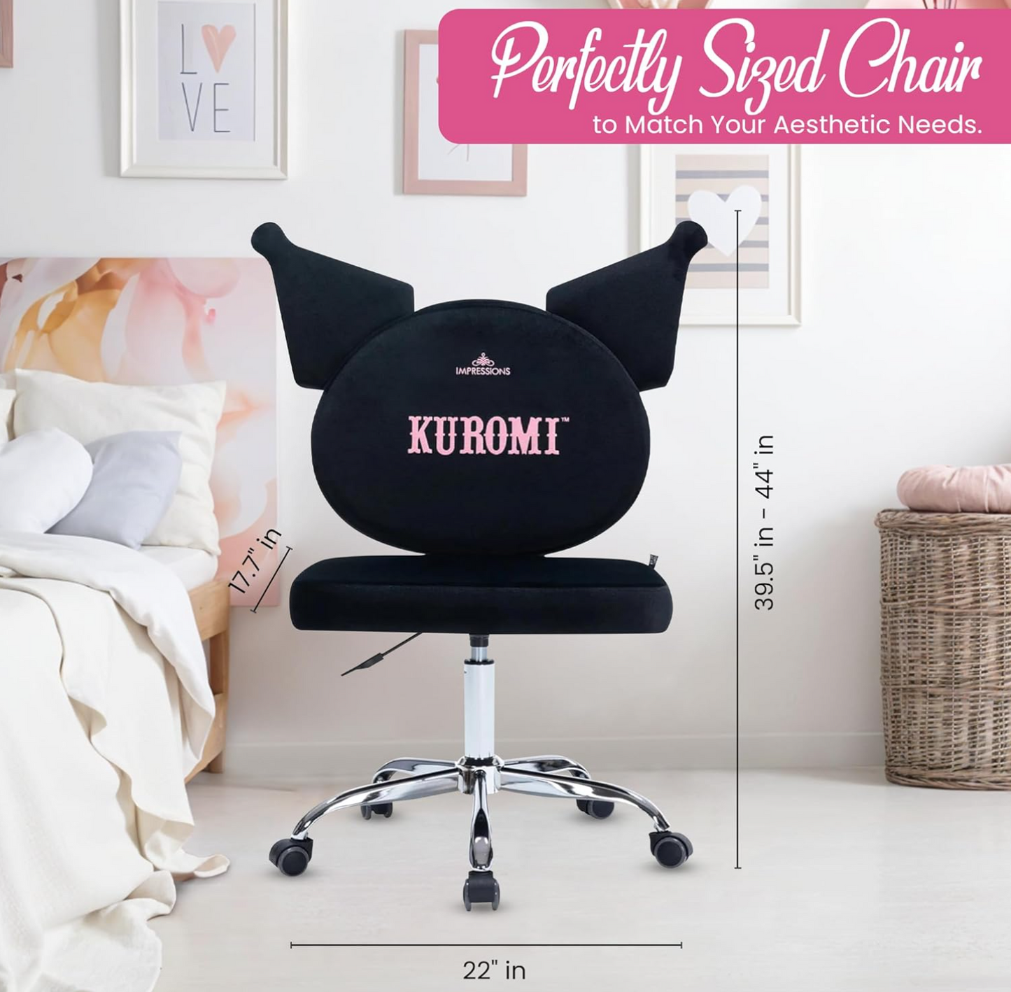 Impressions Vanity Kuromi Armless Swivel Cute Desk Chair for Bedroom, Velvet Makeup Vanity Chair with Back, Rolling Wheels Silver Metallic Base and Adjustable Height (Black)