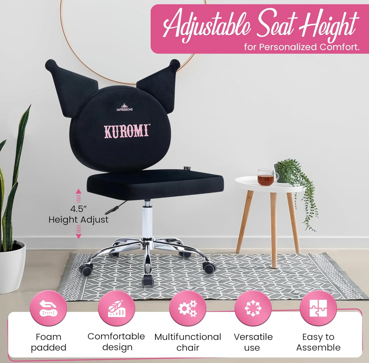 Impressions Vanity Kuromi Armless Swivel Cute Desk Chair for Bedroom, Velvet Makeup Vanity Chair with Back, Rolling Wheels Silver Metallic Base and Adjustable Height (Black)