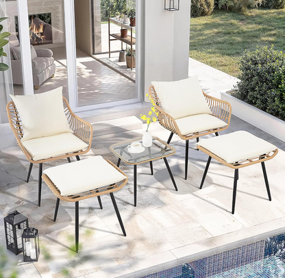 FHFO 5 Pieces Outdoor Wicker Furniture Set, Patio Bistro Set with Ottomans Rattan Balcony Furniture for Apartment, Garden, Porch, Backyard, Poolside,Natural-Beige
