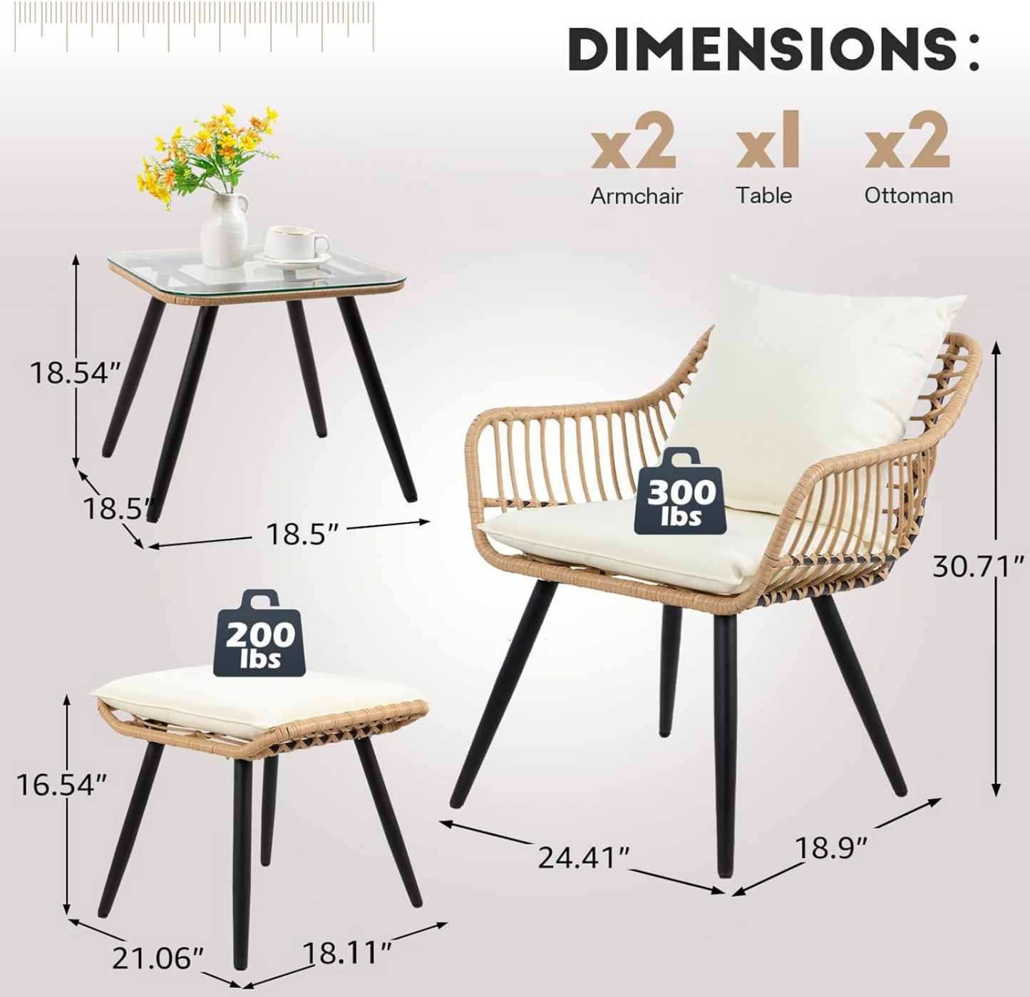 FHFO 5 Pieces Outdoor Wicker Furniture Set, Patio Bistro Set with Ottomans Rattan Balcony Furniture for Apartment, Garden, Porch, Backyard, Poolside,Natural-Beige