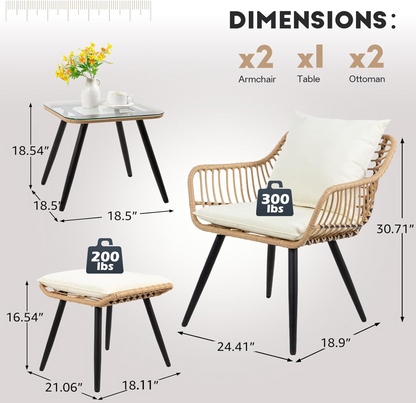 FHFO 5 Pieces Outdoor Wicker Furniture Set, Patio Bistro Set with Ottomans Rattan Balcony Furniture for Apartment, Garden, Porch, Backyard, Poolside,Natural-Beige