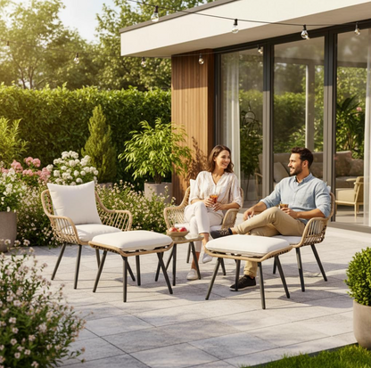 FHFO 5 Pieces Outdoor Wicker Furniture Set, Patio Bistro Set with Ottomans Rattan Balcony Furniture for Apartment, Garden, Porch, Backyard, Poolside,Natural-Beige