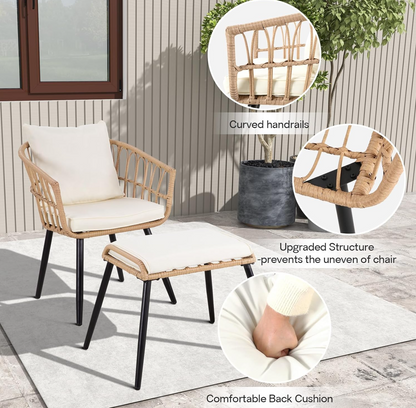 FHFO 5 Pieces Outdoor Wicker Furniture Set, Patio Bistro Set with Ottomans Rattan Balcony Furniture for Apartment, Garden, Porch, Backyard, Poolside,Natural-Beige