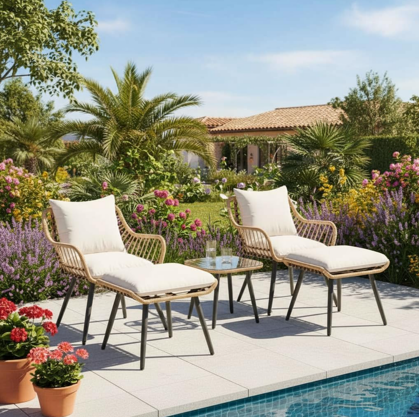 FHFO 5 Pieces Outdoor Wicker Furniture Set, Patio Bistro Set with Ottomans Rattan Balcony Furniture for Apartment, Garden, Porch, Backyard, Poolside,Natural-Beige