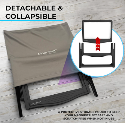 MAGNIPROS Patented 5X Large LED Page Magnifier with Detachable Stand | Eye Caring 3 Color Light Modes & Anti-Glare Lens to Reduce Eye Strain-Ideal for Reading Fine Print, Crafting, Low Vision Seniors