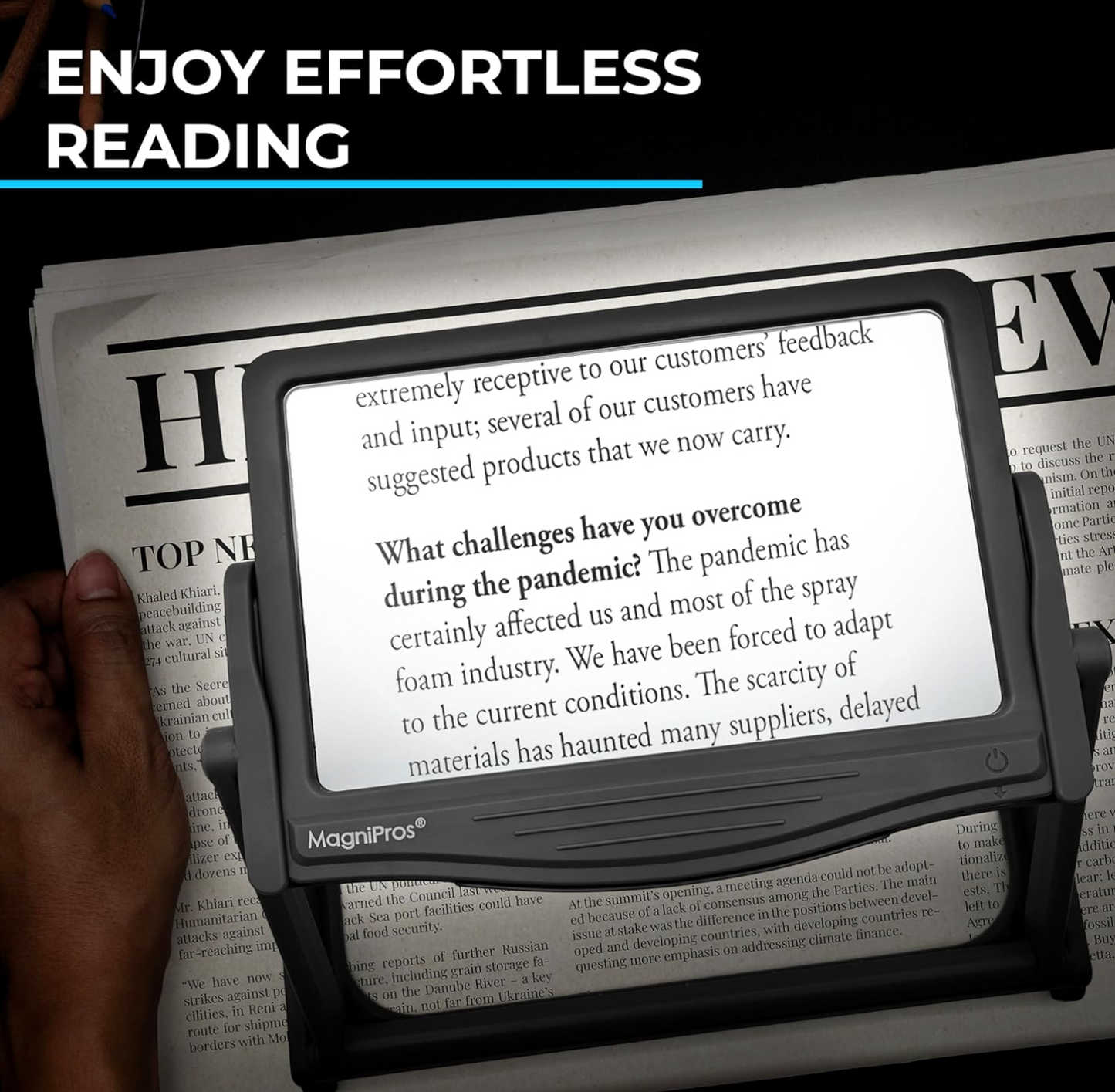 MAGNIPROS Patented 5X Large LED Page Magnifier with Detachable Stand | Eye Caring 3 Color Light Modes & Anti-Glare Lens to Reduce Eye Strain-Ideal for Reading Fine Print, Crafting, Low Vision Seniors