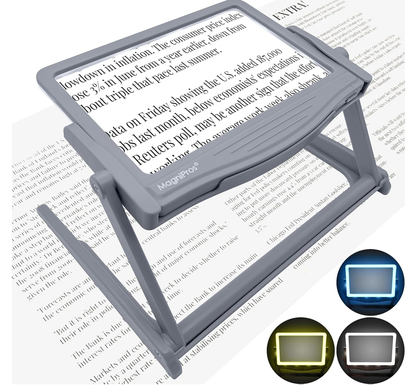 MAGNIPROS Patented 5X Large LED Page Magnifier with Detachable Stand | Eye Caring 3 Color Light Modes & Anti-Glare Lens to Reduce Eye Strain-Ideal for Reading Fine Print, Crafting, Low Vision Seniors