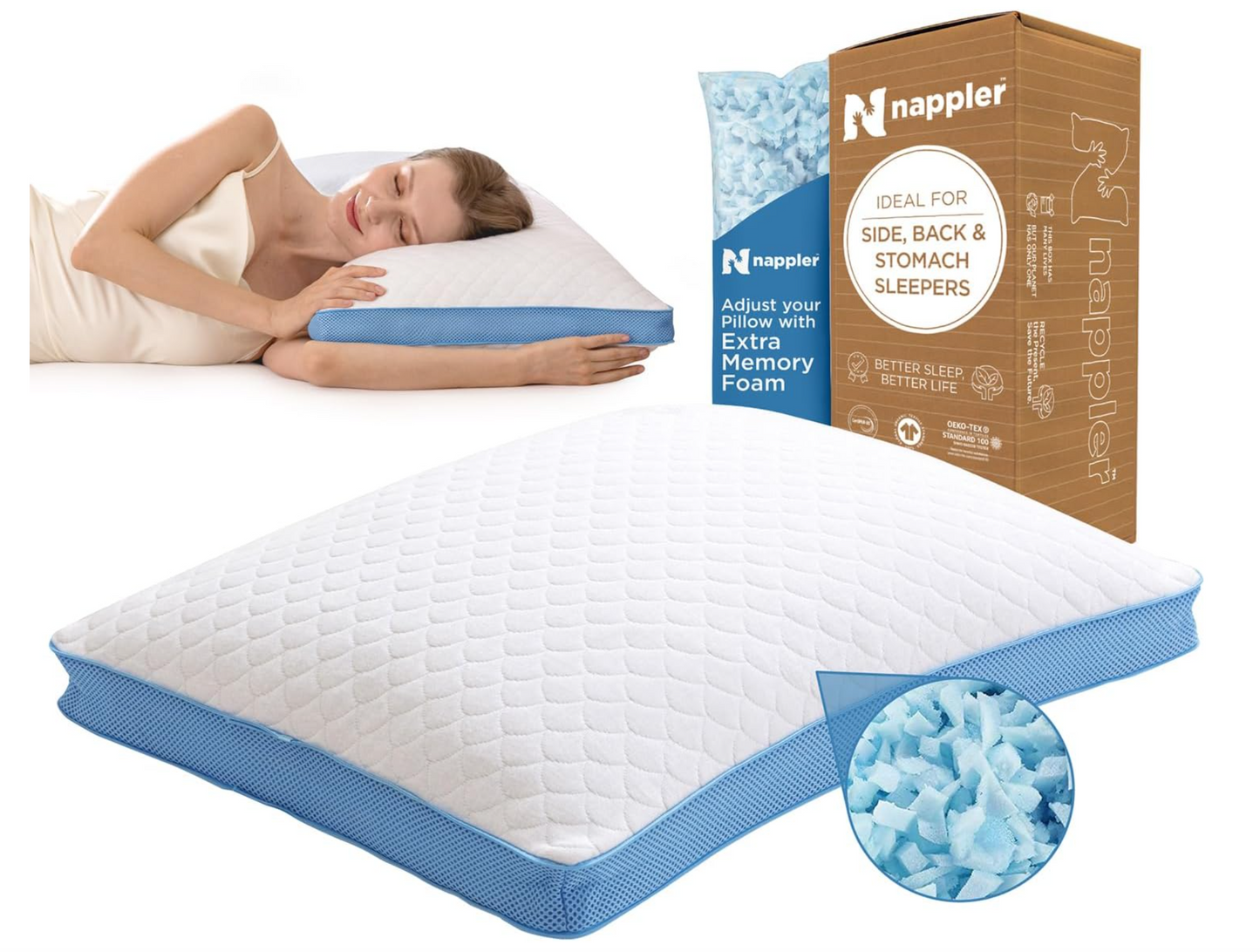 Side and Back Sleeper Pillow for Neck and Shoulder Pain Relief - Shredded Memory Foam Bed Pillow for Sleeping - 100% Adjustable Fill - Standard Size Modal Washable Case. Extra Fill Included