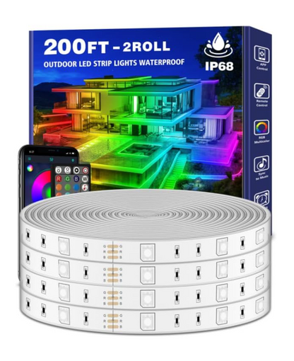 200ft Outdoor LED Strip Lights Waterproof,IP68 Outside Led Light Strips Waterproof with App and Remote,Music Sync RGB Exterior Led Rope Lights with Self Adhesive Back for Deck,Balcony,Pool