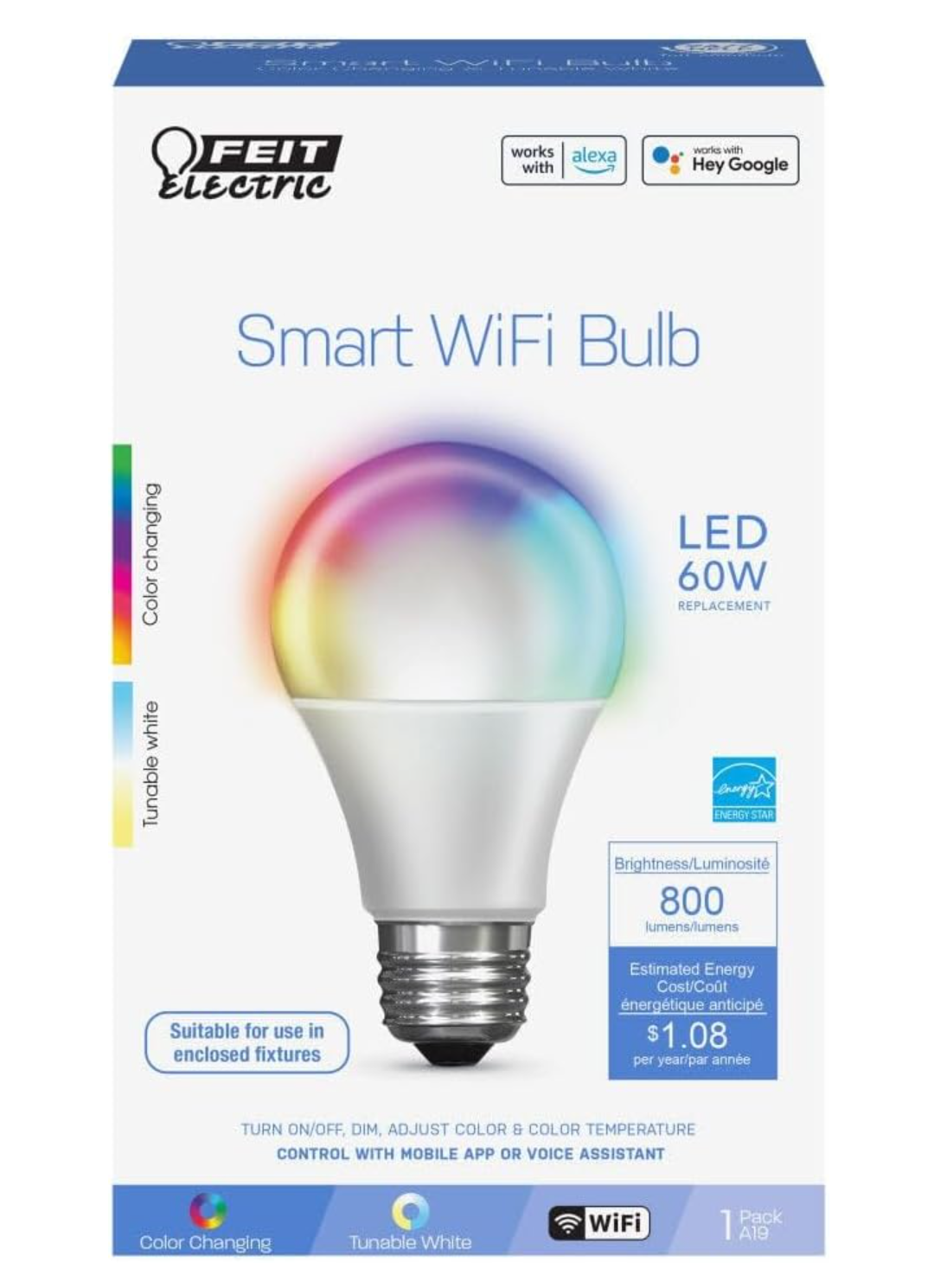 Feit Electric A19 Smart LED Light Bulb, 60W Equivalent, Tunable White, Alexa & Google Home Compatible, 2.4 GHz Wi-Fi, 90+ CRI, Non-Dimmable, 800 Lumens, 25,000-Hour Lifetime, OM60/CCT/CA/AG