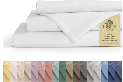 Linen Home 100% Cotton Percale Sheets Queen Size 4 Pc Cooling Set - White