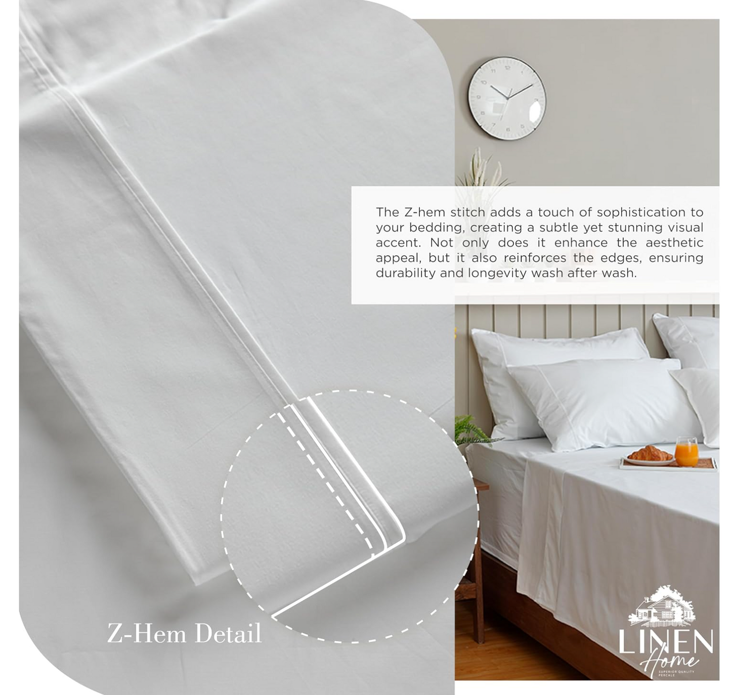 Linen Home 100% Cotton Percale Sheets Queen Size 4 Pc Cooling Set - White