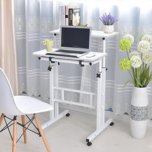 DlandHome Mobile Standing Desk Stand Up Desk Rolling Desk, Stand Sit Desk Mobile Computer Desk Adjustable Standing Desk 23.6inches Table Workstation Mobile Desk Cart Tray White