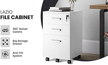 Lazio 26 Inch File Cabinet with Lock - Filing Cabinet for Home and Office - 3 Drawer File Cabinet with Wheels for A4 Sized Letters/Documents, Legal Sized Documents, Hanging File Folders - White/White