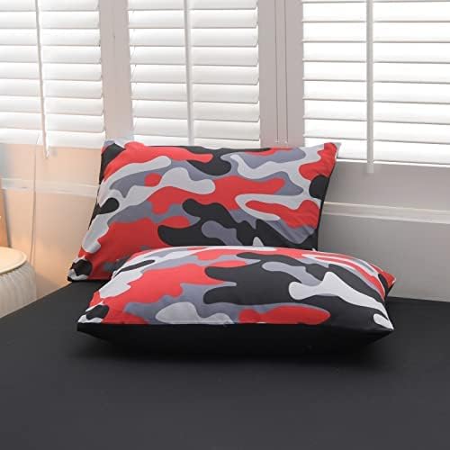 Meeting Story Camouflage Bedding Set, Colorful Pattern Style Comforter Set, 5 PCS One Comforter Two Pillowcases Two Sheets in One Bag, All Season Bedspread for Teens Adults (Red-Black,Queen5pcs