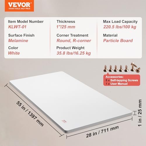 VEVOR One-Piece Particle Board Desktop Universal Tabletop, 55" x 28" x 1", White