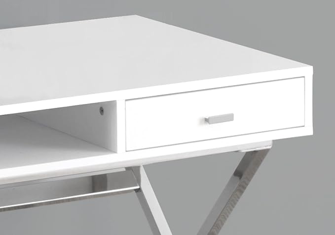Monarch Specialties Laptop Table with Drawers and Open Shelf Computer, Writing Desk, Metal Sturdy Legs, 48" L, Glossy White