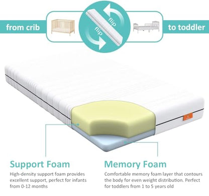 Crib Mattress, Dual-Sided Comfort Memory Foam Toddler Mattress with Breathable Washable 3-D Spacer Cover, Premium Baby Mattress for Infant and Toddler Bed | Standard Size Crib Mattress