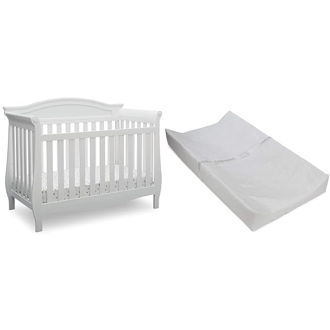 Delta Children Lancaster 4-in-1 Convertible Baby Crib, Bianca White & Contoured Changing Pad, White