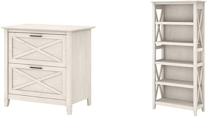 Bush Furniture Key West 2 Lateral File Cabinet | Document Storage & Key West Bookcase Shelf in Linen White Oak | Farmhouse Bookshelf Display Cabinet