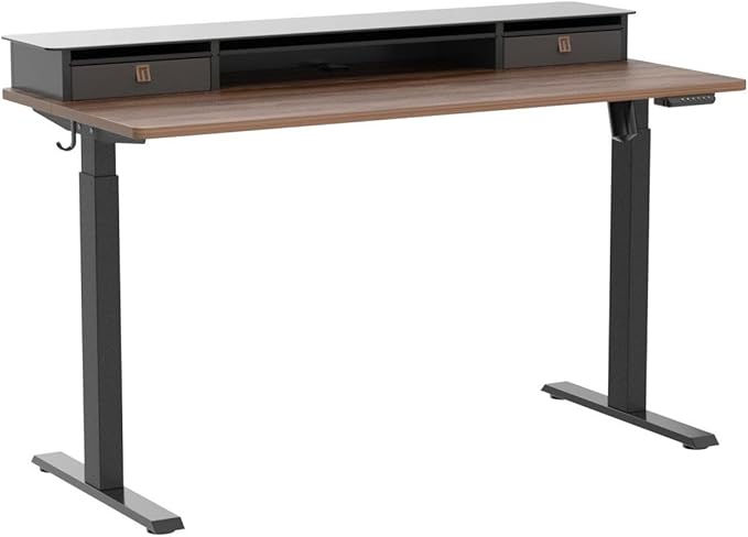 FEZIBO 55 x 24 Inch Height Adjustable Glass Electric Standing Desk with Double Drawer, Stand Up Desk with Storage Shelf, Sit Stand Desk, Black Walnut