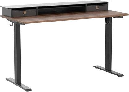 FEZIBO 55 x 24 Inch Height Adjustable Glass Electric Standing Desk with Double Drawer, Stand Up Desk with Storage Shelf, Sit Stand Desk, Black Walnut
