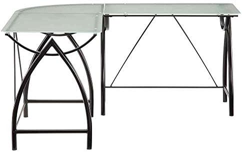 OSP Home Furnishings Newport L-Shaped Computer Desk with Frosted Tempered Glass Top and Black Powder Coated Steel Frame (NWP25L-BK)