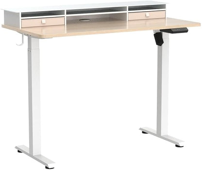 FEZIBO 48 x 24 Inch Height Adjustable Glass Electric Standing Desk with Double Drawer, Stand Up Desk with Storage Shelf, Sit Stand Desk, Light Walnut