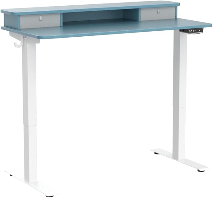 FEZIBO 48 x 24 Inch Height Adjustable Electric Standing Desk with Double Drawer, Stand Up Desk with Storage Shelf, Sit Stand Desk, Blue