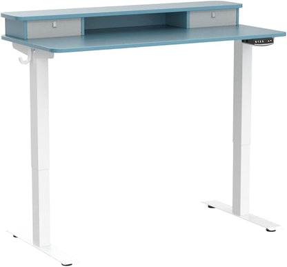 FEZIBO 48 x 24 Inch Height Adjustable Electric Standing Desk with Double Drawer, Stand Up Desk with Storage Shelf, Sit Stand Desk, Blue