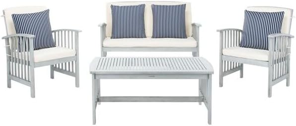 SAFAVIEH Outdoor Collection Rocklin Grey / Beige Cushions/ Stripe Pillows 4-Piece Conversation Patio Set