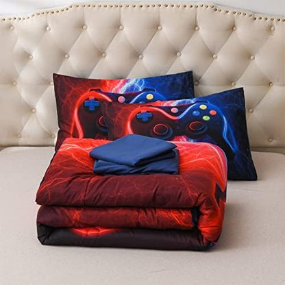 Meeting Story Gamer Gaming Bedding Sets Red Blue Lightnings Gamepad Comforter Set for Boys Games Console Action Buttons Novelty Colorful Modern Room Decor Home Quilt Set (Red-Blue, Queen 5Pcs)