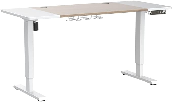 Adjustable Height Electric Standing Desk - 55 x 24 Inch Sit Stand Computer Desk, Stand Up Desk Table for Home Office, White Frame/White + Oak Top
