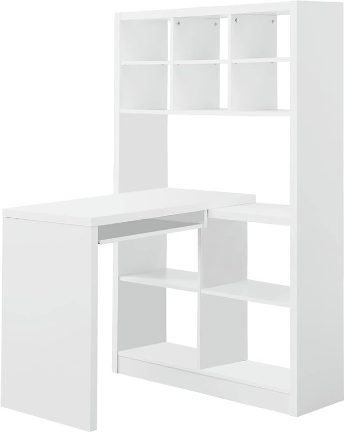Monarch Specialties 7022, Home Office, Bookcase, Storage Shelves, Set-up, L Shape, Work, Laptop, Laminate, White Computer Desk Left Or Right Facing Corner, 35.5" L x 38" W x 60" H