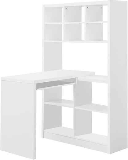 Monarch Specialties 7022, Home Office, Bookcase, Storage Shelves, Set-up, L Shape, Work, Laptop, Laminate, White Computer Desk Left Or Right Facing Corner, 35.5" L x 38" W x 60" H