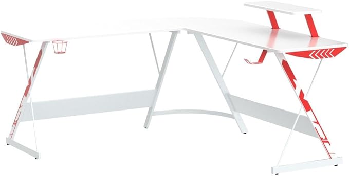 MOTPK White Gaming Desk L Shaped, Gamer Desk Gaming Table with Carbon Fiber Surface, Corner Computer Desk L Shape with Cup Holder & Headphone Hook, 51 Inch