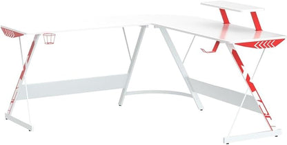 MOTPK White Gaming Desk L Shaped, Gamer Desk Gaming Table with Carbon Fiber Surface, Corner Computer Desk L Shape with Cup Holder & Headphone Hook, 51 Inch