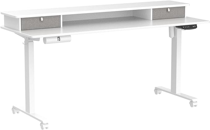 FEZIBO 60 x 24 Inch Height Adjustable Electric Standing Desk with Double Drawer, Stand Up Desk with Storage Shelf, Sit Stand Desk, White