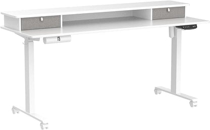 FEZIBO 60 x 24 Inch Height Adjustable Electric Standing Desk with Double Drawer, Stand Up Desk with Storage Shelf, Sit Stand Desk, White