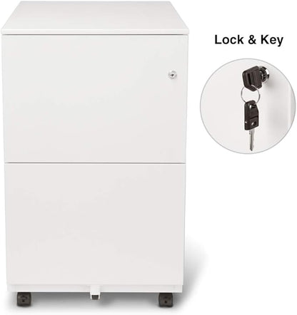 Aurora Modern Soho Design 2-Drawer Metal Mobile File Cabinet with Lock Key/Fully Assembled, White