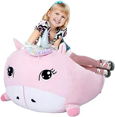 Girls Unicorn Bean Bag Chair Pink, Stuffed Animal Storage Organizer for Kids Room Decor, Extra Large Size, Velvet Super Soft Cover Only