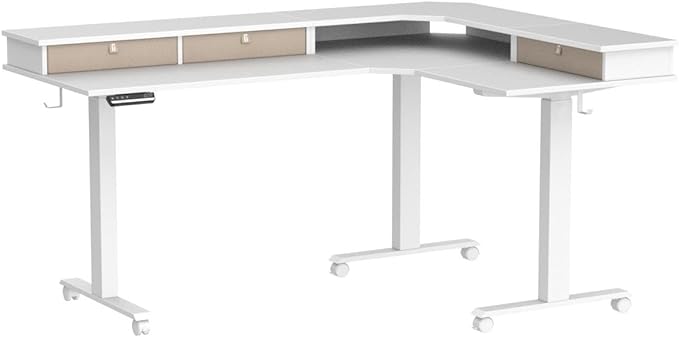 FEZIBO Triple Motor 63" L Shaped Standing Desk with 3 Drawers, Electric Standing Gaming Desk Adjustable Height, Corner Stand up Desk with Splice Board, White Frame/White Top