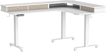 FEZIBO Triple Motor 63" L Shaped Standing Desk with 3 Drawers, Electric Standing Gaming Desk Adjustable Height, Corner Stand up Desk with Splice Board, White Frame/White Top