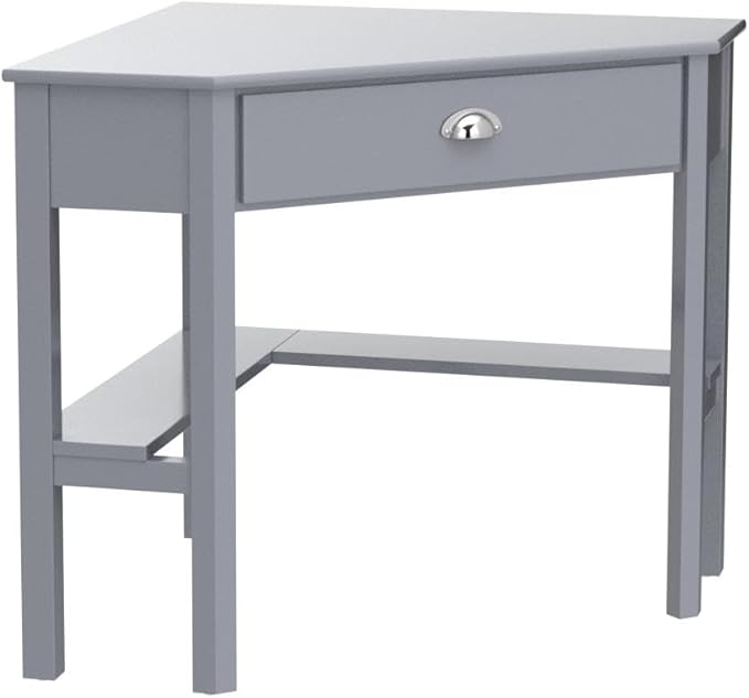 Nightcore Small, Wood Computer Desk, Compact Writing w/Drawer & Storage Shelves, Space Saving Study Workstation, Laptop PC Corner Table, Grey