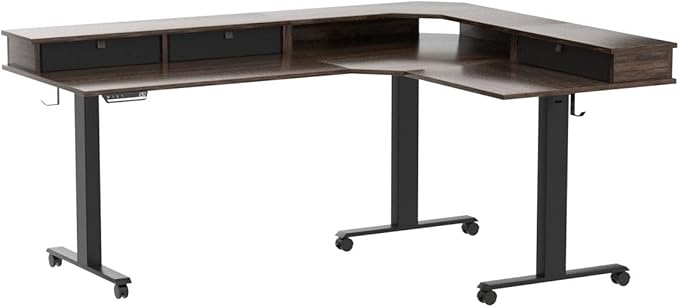 FEZIBO Triple Motor 63" L Shaped Standing Desk with 3 Drawers, Electric Gaming Desk Adjustable Height, Corner Stand up Desk with Splice Board, Black Frame/Black Walnut Top