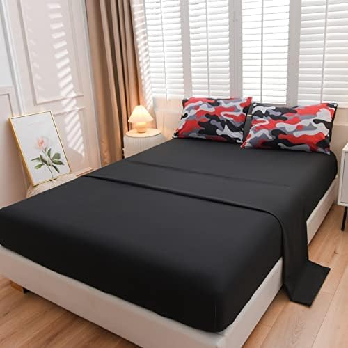 Meeting Story Camouflage Bedding Set, Colorful Pattern Style Comforter Set, 5 PCS One Comforter Two Pillowcases Two Sheets in One Bag, All Season Bedspread for Teens Adults (Red-Black,Queen5pcs
