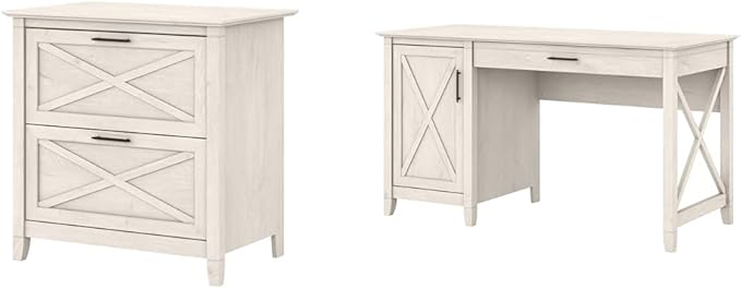 Bush Furniture Key West 2 Lateral File Cabinet | Document Storage for Home Office | Accent Chest with Drawers, Casual, Linen White Oak & Key West Computer Desk with Storage | Small