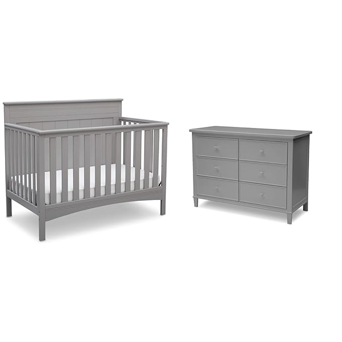 Delta Children Fancy 4-in-1 Convertible Crib and 6 Drawer Dresser Bundle, Grey